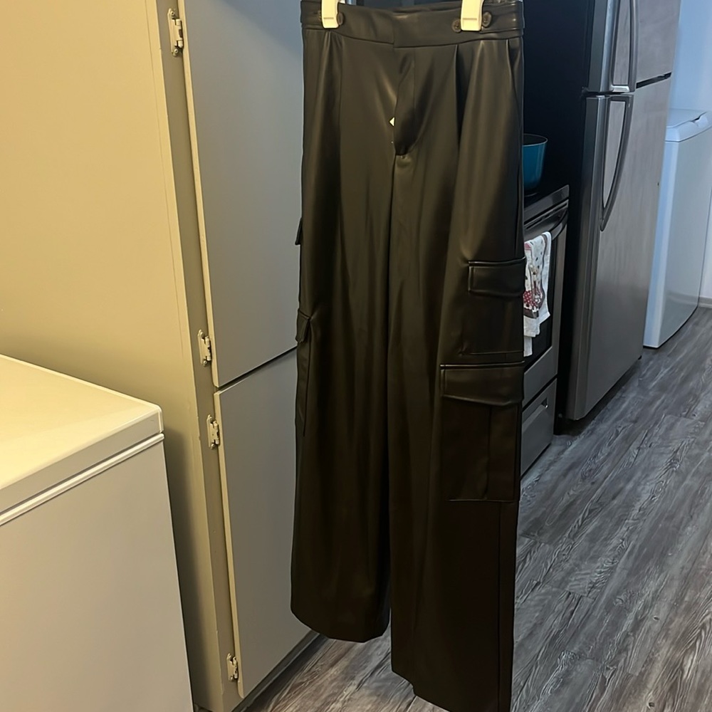 Black Wide Leg Faux Leather Cargo Pants